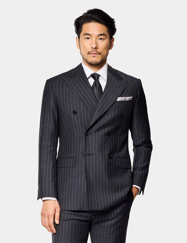 Men's Charcoal Chalk Stripe Double Breasted Slim Suit Jacket