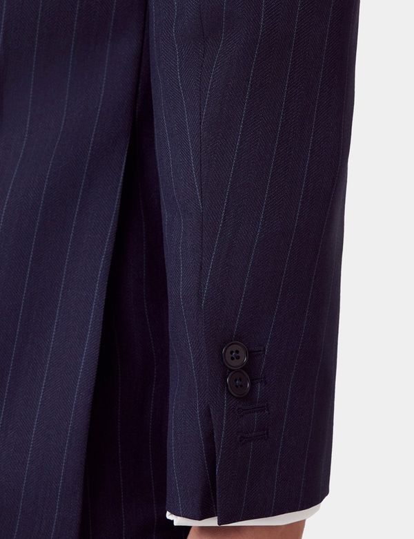 Men's Navy Herringbone Stripe Tailored Italian Suit Jacket