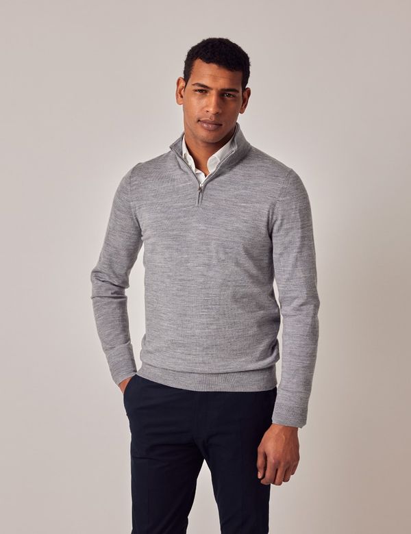 Men's Mid Grey Lightweight Merino Wool Zip Neck Sweater