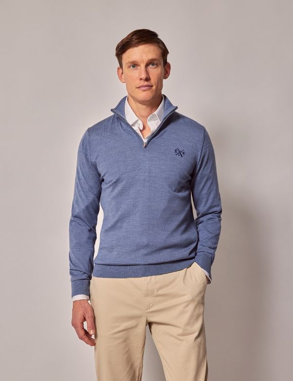 Men's Mid Blue Lightweight Merino Wool Zip Neck Sweater