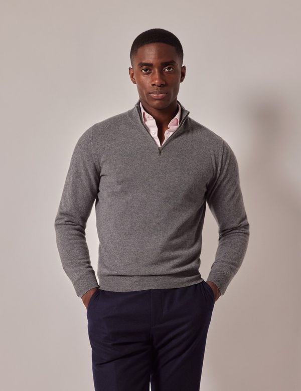 Men's Dark Grey Mongolian Cashmere Half Zip Sweater| Hawes Men's Dark Grey Mongolian Cashmere Half Zip Sweater| Hawes