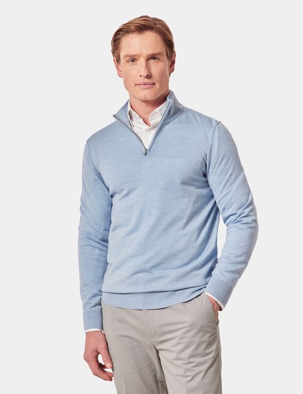 Hawes & Curtis Sky Blue Half Zip Sweater | Machine Washable | Merino Wool | Plain | Men's