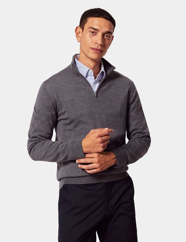 Men's Grey Half Zip Merino Jumper - Machine Washable | Hawes
