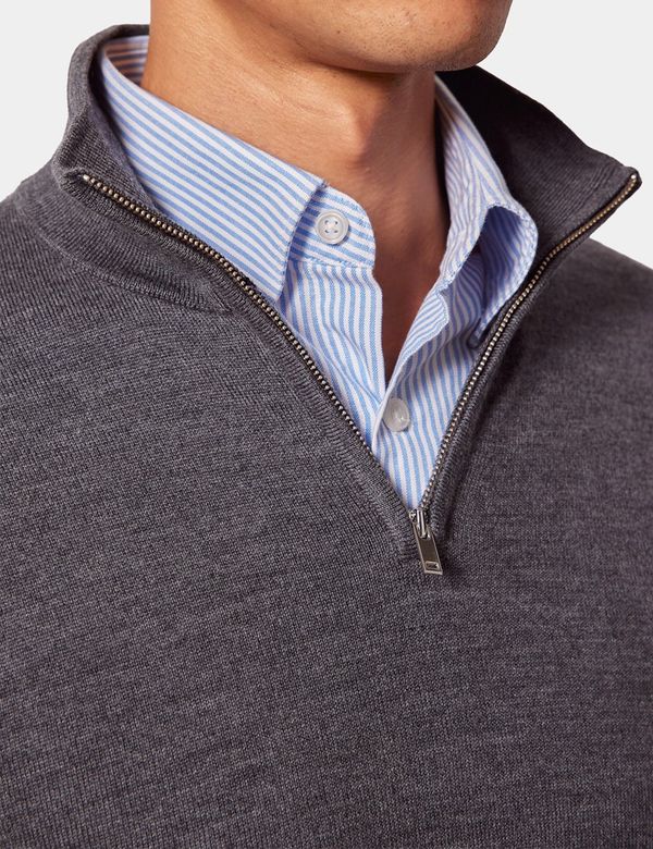 Men's Grey Half Zip Merino Jumper - Machine Washable | Hawes & Curtis