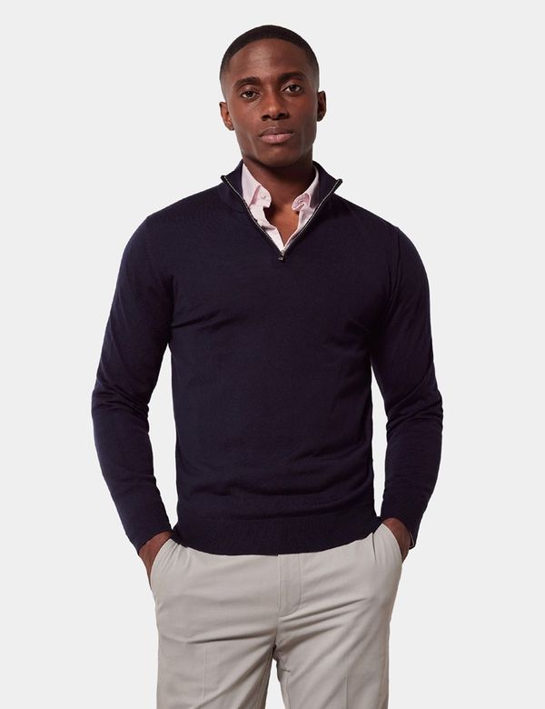 Men's Navy Half Zip Merino Sweater - Machine Washable | Hawes & Curtis