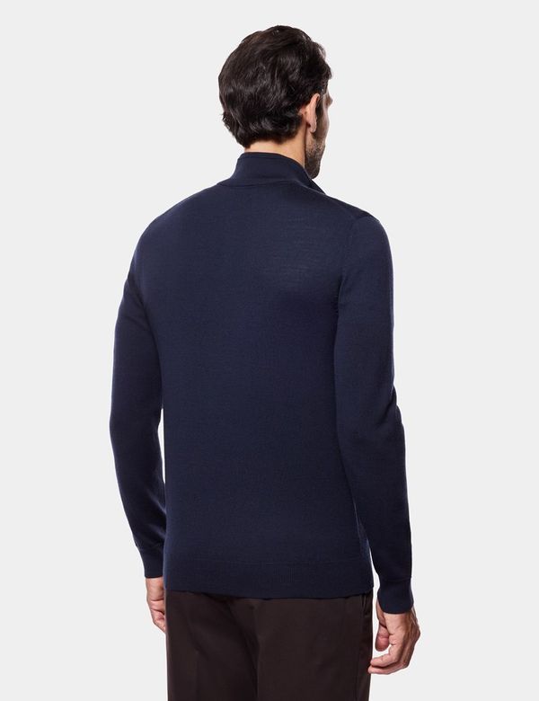 Men's Navy Half Zip Merino Sweater - Machine Washable | Hawes & Curtis