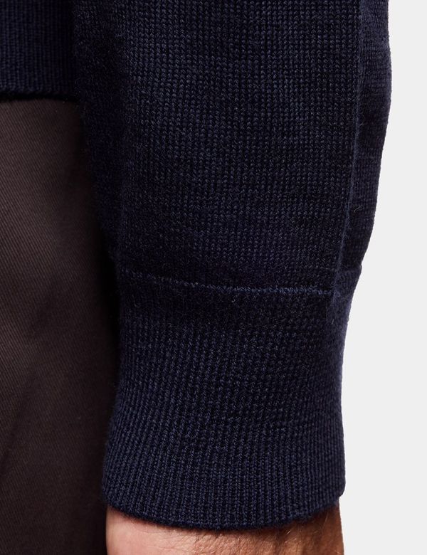 Men's Navy Half Zip Merino Sweater - Machine Washable | Hawes & Curtis