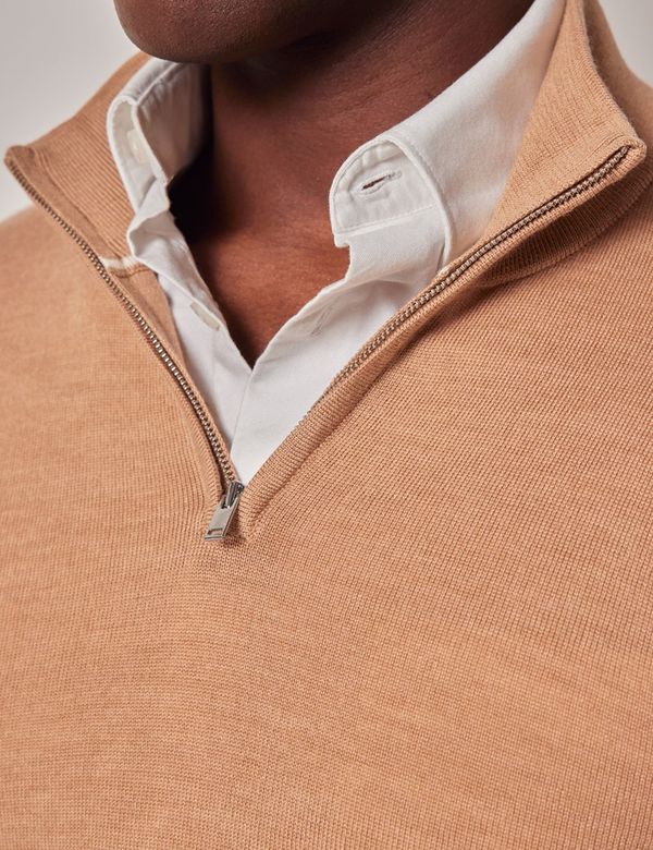 Men's Camel Half Zip Merino Sweater - Machine Washable Men's Camel Half Zip Merino Sweater - Machine Washable