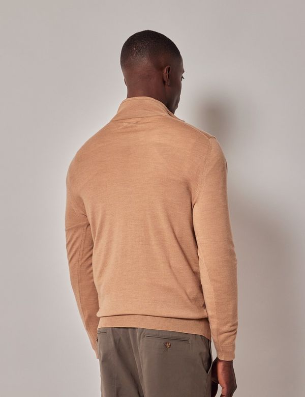 Men's Camel Half Zip Merino Sweater - Machine Washable Men's Camel Half Zip Merino Sweater - Machine Washable