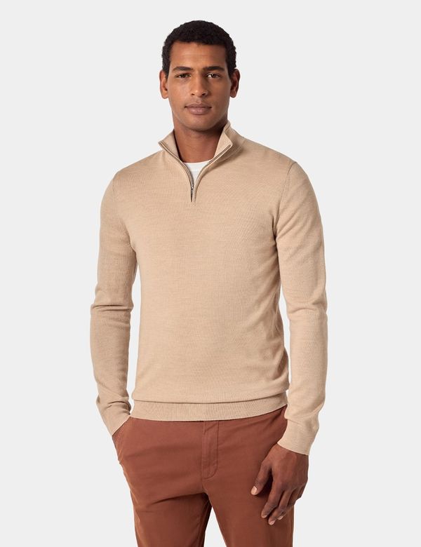 Men's Sand Half Zip Sweater - Machine Washable | Hawes & Curtis