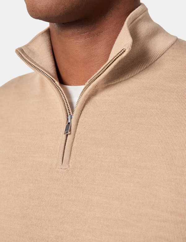 Men's Sand Half Zip Sweater - Machine Washable | Hawes & Curtis