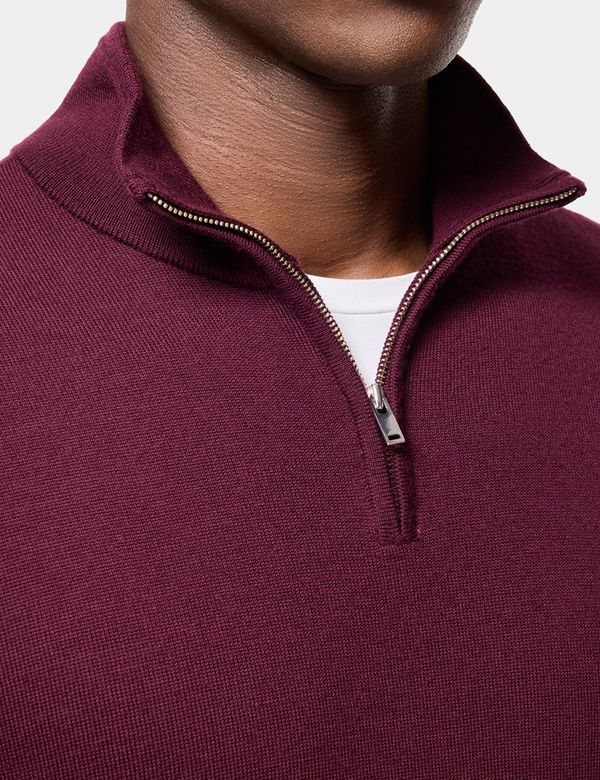 Men's Claret Half Zip Merino Sweater - Machine Washable | Hawes