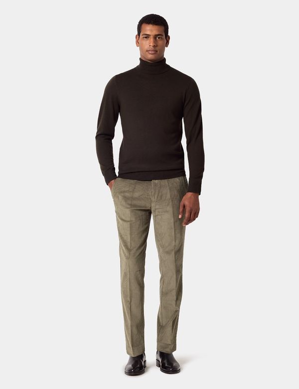 Men's Dark Olive Roll Neck Sweater - Machine Washable | Hawes & Curtis