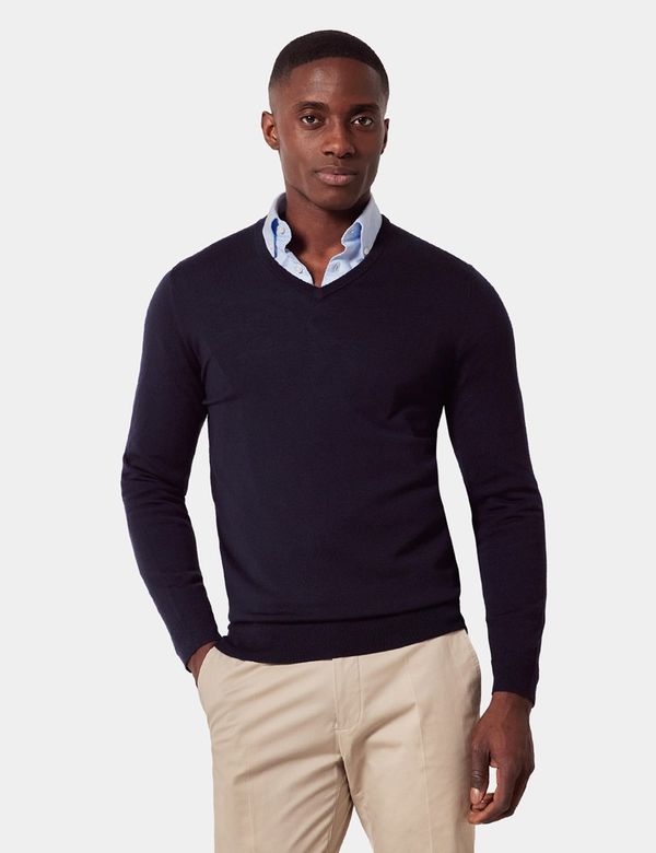 Men's Navy V-Neck Merino Sweater Machine Washable Hawes Curtis