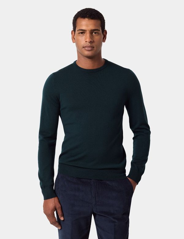 Hawes & Curtis Dark Green Crew Neck Sweater | Machine Washable | Merino Wool | Plain | Men's