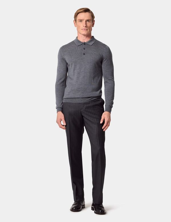 Men's Grey Polo Sweater - Machine Washable | Hawes & Curtis