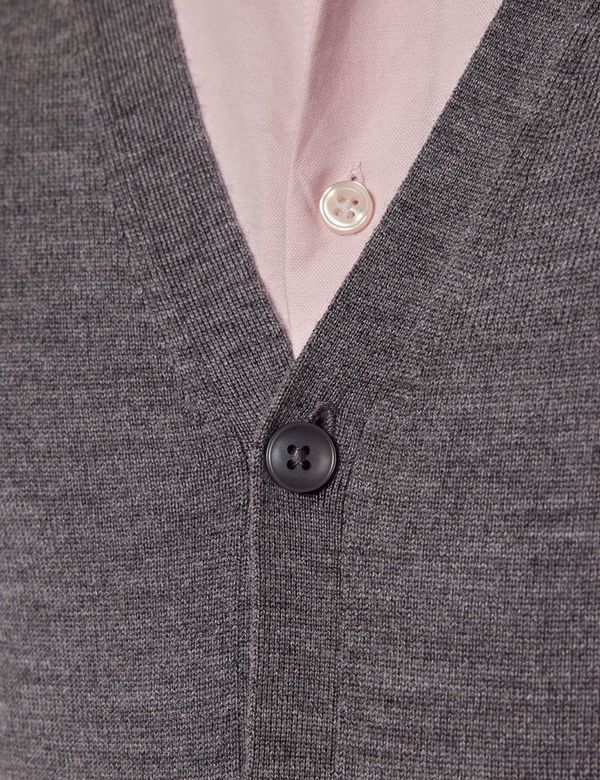 Men's Grey V-Neck Merino Cardigan - Machine Washable | Hawes Men's Grey V-Neck Merino Cardigan - Machine Washable | Hawes