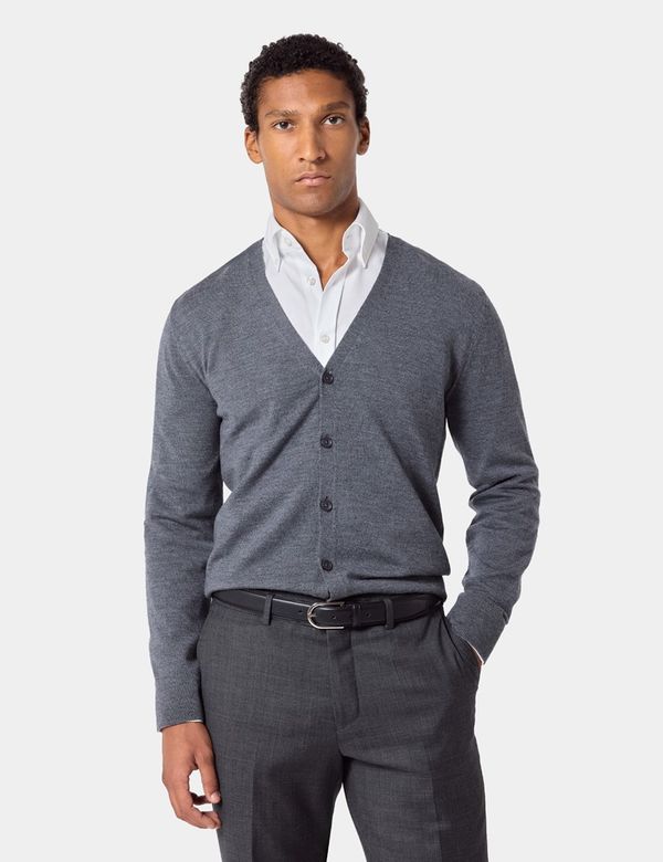 Men's Grey V-Neck Merino Cardigan - Machine Washable | Hawes & Curtis