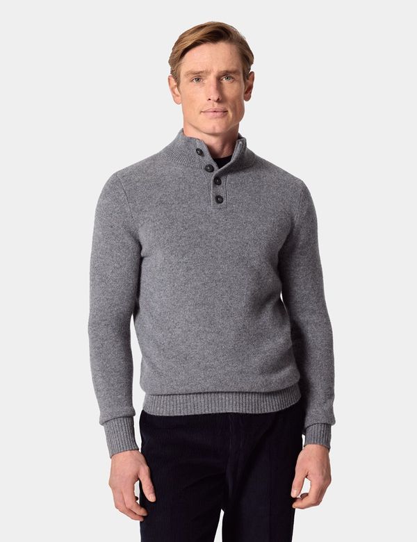 Men's Grey Pure Lambswool Button Neck Sweater | Hawes & Curtis