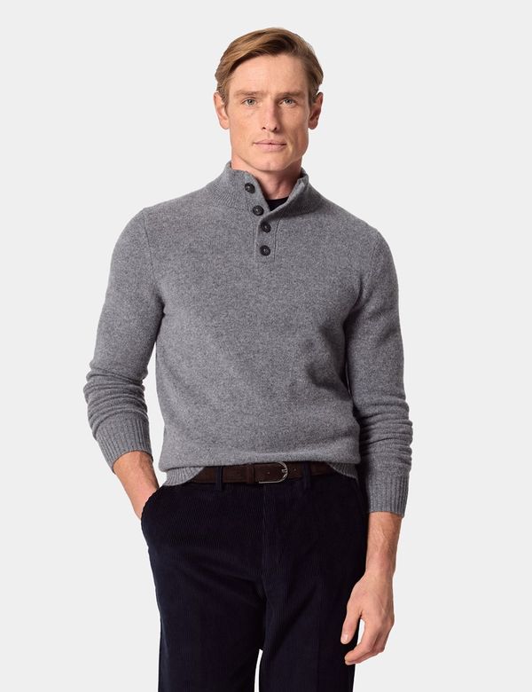 Men's Grey Pure Lambswool Button Neck Jumper | Hawes & Curtis