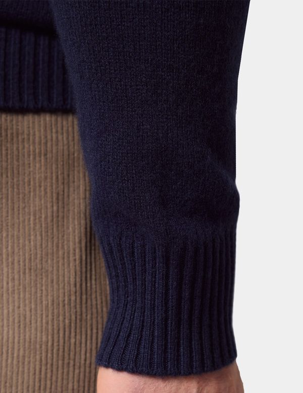 Men's Navy Pure Lambswool Button Neck Sweater | Hawes & Curtis