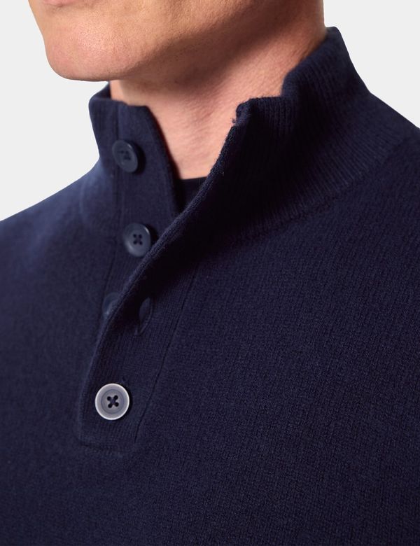 Men's Navy Pure Lambswool Button Neck Sweater | Hawes & Curtis