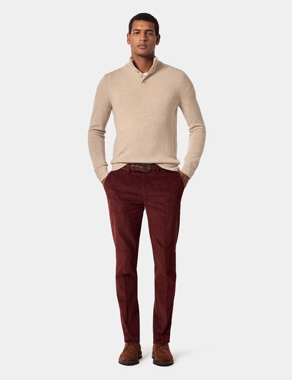 Men's Light Sand Pure Lambswool Button Neck Sweater | Hawes & Curtis