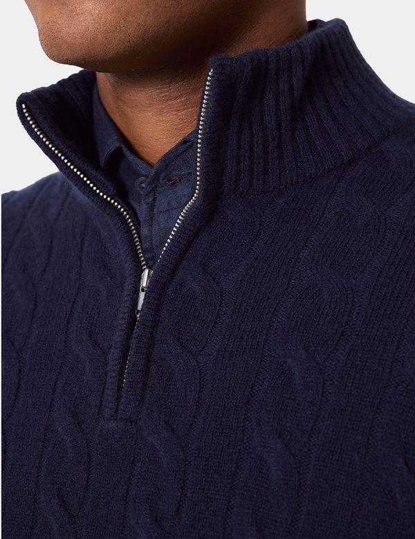 Men's Navy Half Zip Cable Knitted Sweater | Hawes & Curtis