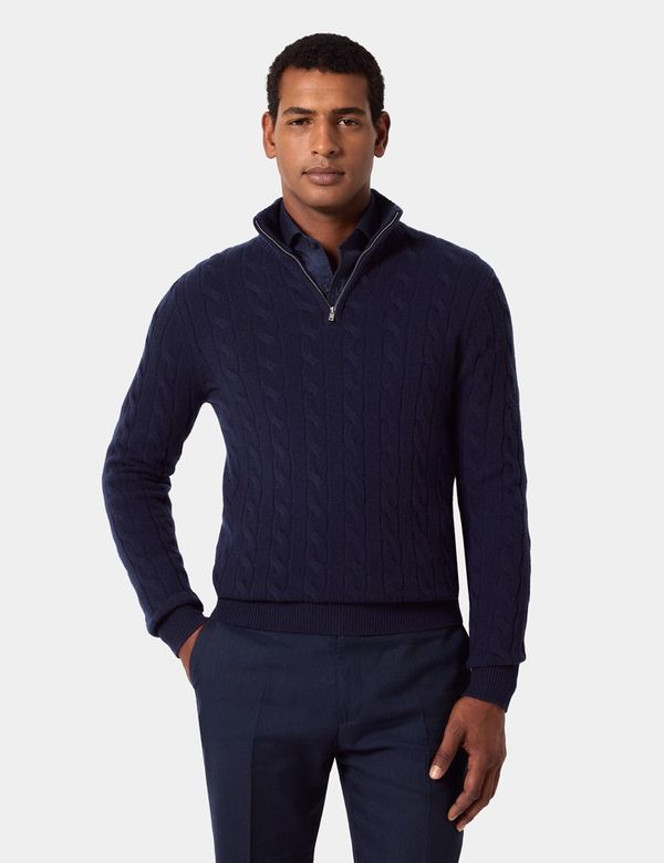 Men's Navy Half Zip Cable Knitted Jumper Hawes Curtis