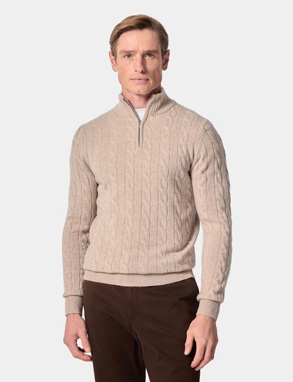 Men's Light Sand Half Zip Cable Knitted Sweater | Hawes & Curtis