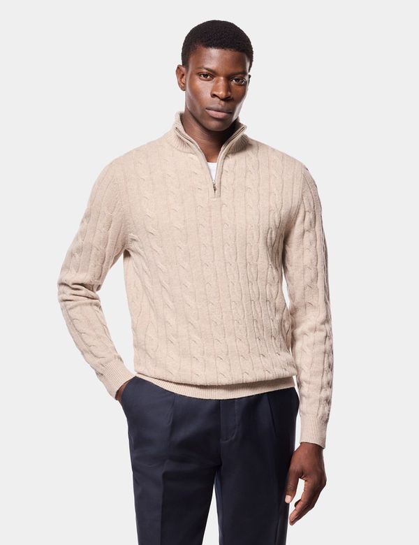 トップス cdghh linen knit Men's Light Sand Half Zip Cable Knitted Jumper | Hawes & Curtis