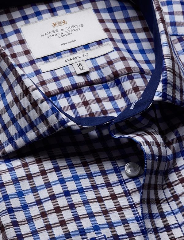 Classic Fit Blue & Brown Check Non-Iron Shirt - Contrast Detail  - Chest Pocket