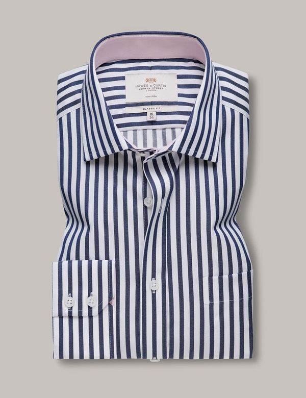 Men's Non-Iron Navy & White Bold Stripe Classic Shirt - Contrast Detail ...