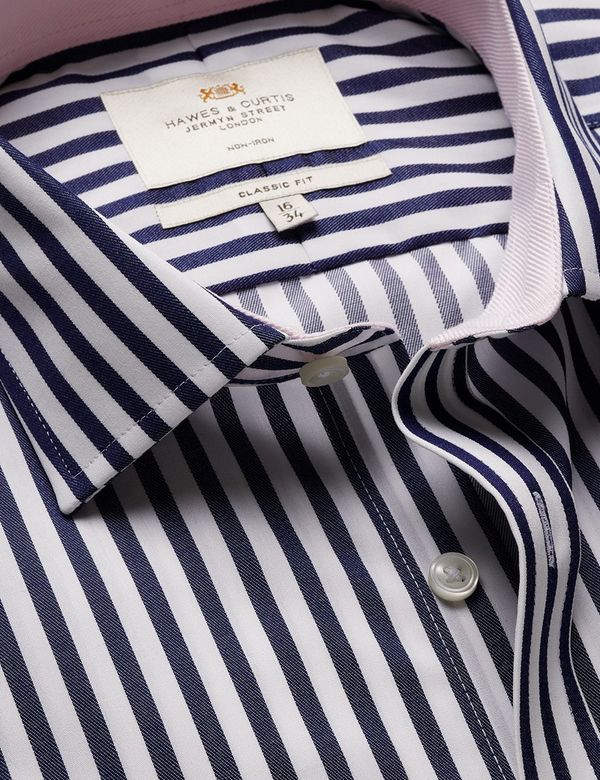 Classic Fit Navy & White Bold Stripe Non-Iron Shirt - Contrast Detail  - Chest Pocket