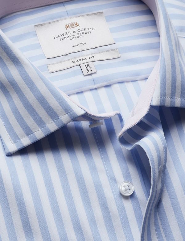 Classic Fit Blue & White Bold Stripe Non-Iron Shirt - Contrast Detail  - Chest Pocket