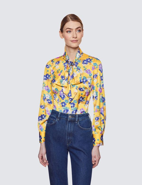 Women's Yellow & Purple Floral Print Pussy Bow Blouse