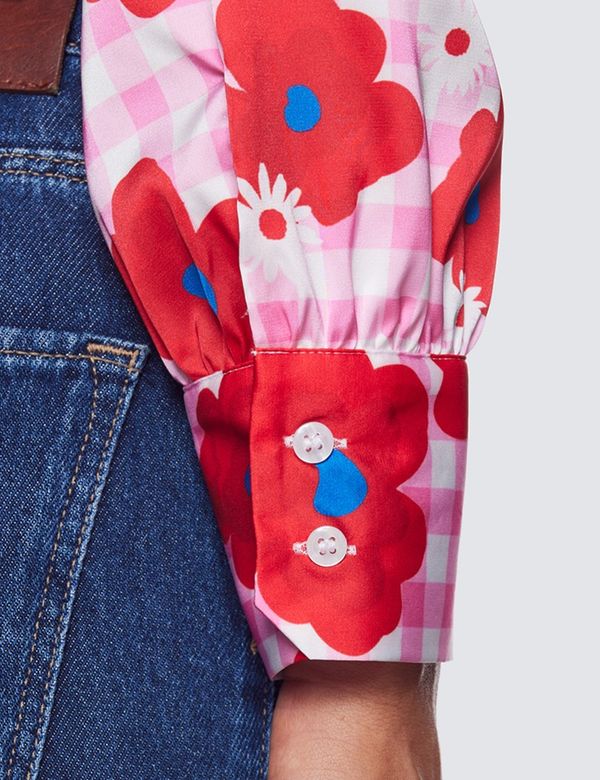 Women's Pink & Red Floral Gingham Pussybow Blouse | Hawes Women's Pink & Red Floral Gingham Pussybow Blouse | Hawes