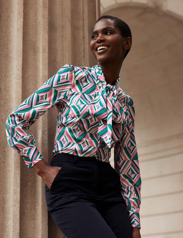 Women's Green & Pink Diamond Pussybow Blouse | Hawes & Curtis