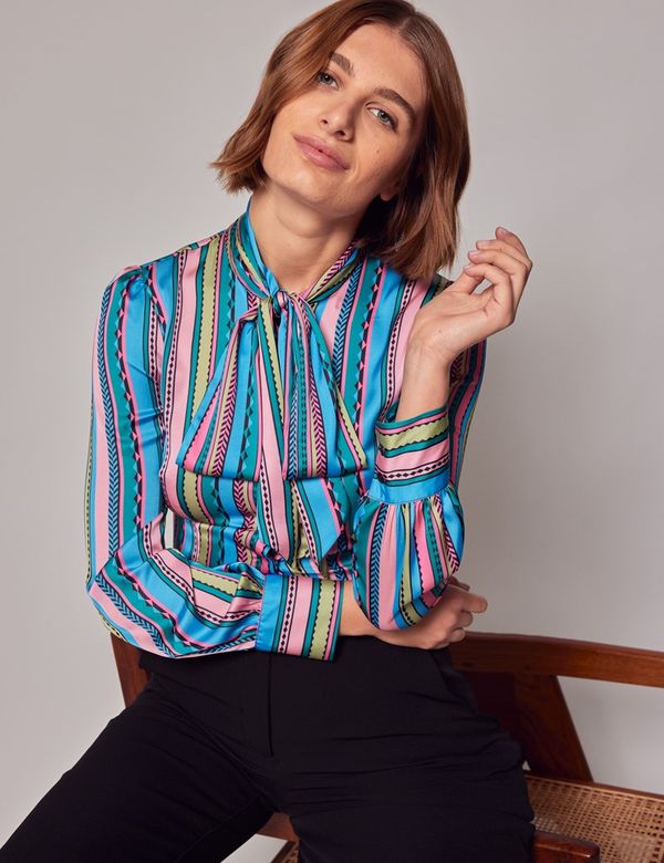 Women's Pink & Blue Stripe Satin Pussybow Blouse