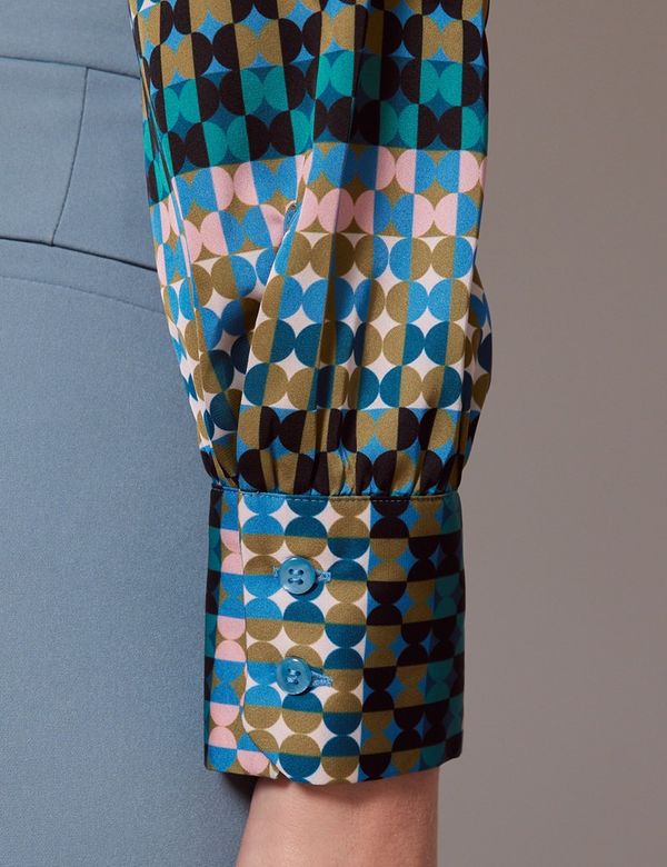 Women's Green & Blue Geometric Circles Satin Pussybow Blouse