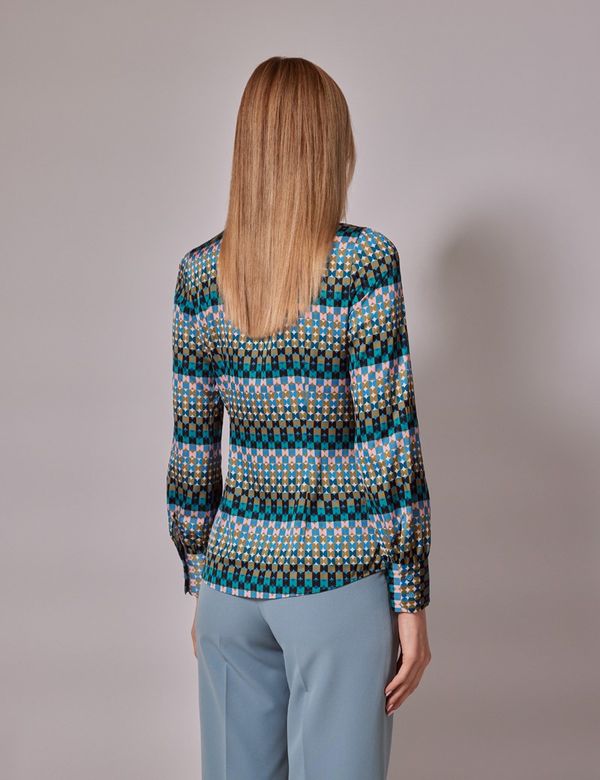 Women's Green & Blue Geometric Circles Satin Pussybow Blouse Women's Green & Blue Geometric Circles Satin Pussybow Blouse