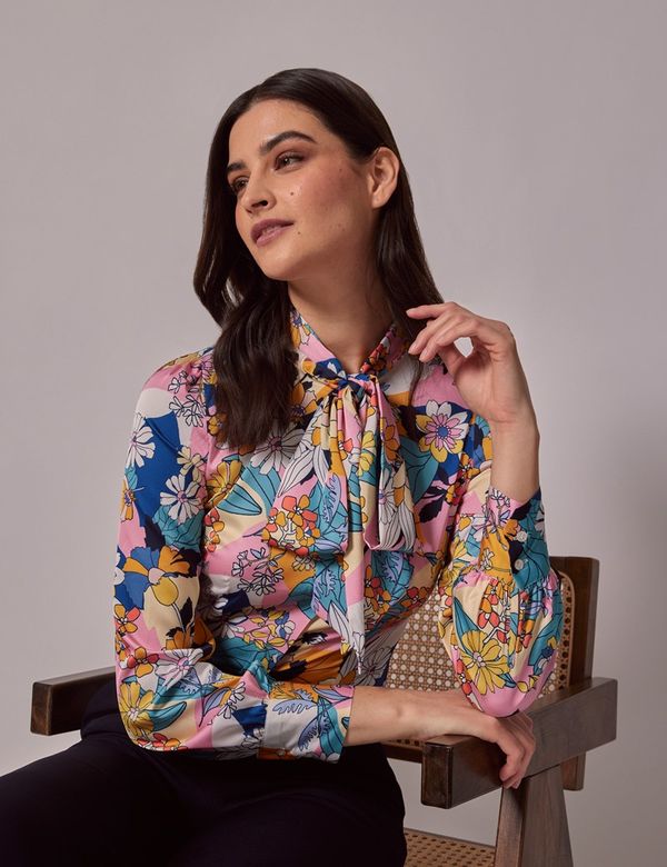 Women's Pink & Yellow Floral Satin Pussybow Blouse | Hawes