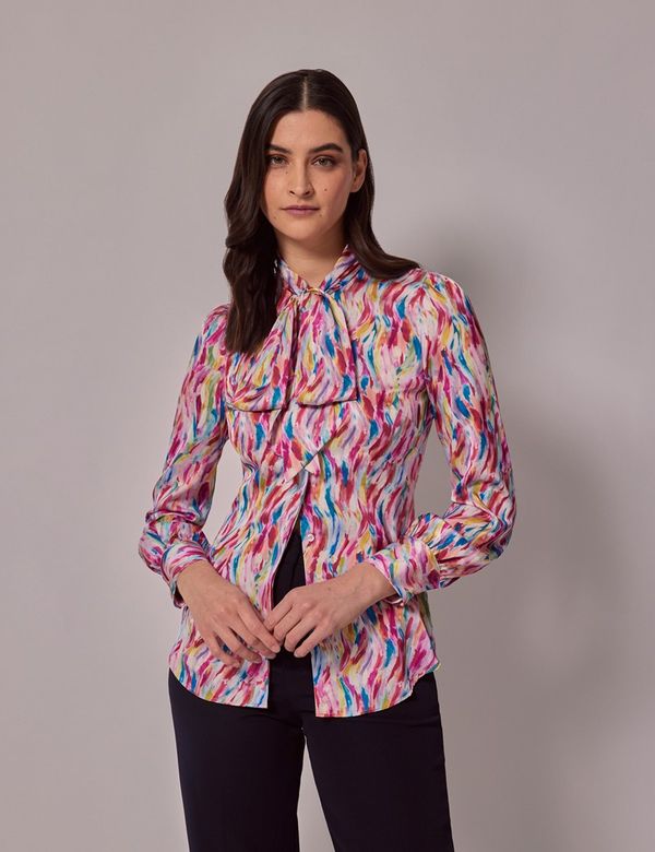Women's Pink & Blue Paint Stroke Satin Pussybow Blouse