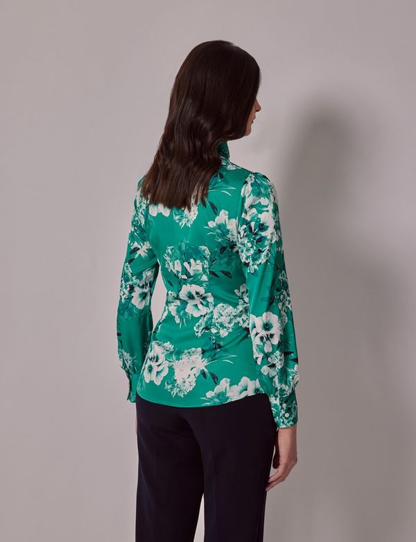 Women's Green & White Peonies Satin Pussybow Blouse | Hawes