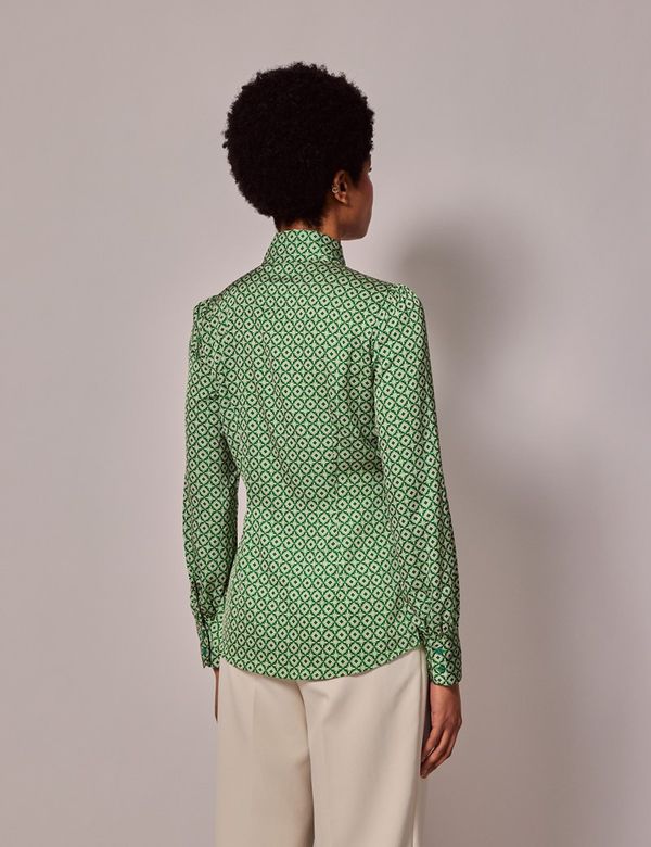 Women's Green & Pink Geometric Satin Pussybow Blouse | Hawes Women's Green & Pink Geometric Satin Pussybow Blouse | Hawes