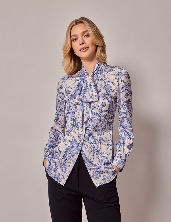 Women's Blue & Cream Paisley Satin Pussybow Blouse | Hawes