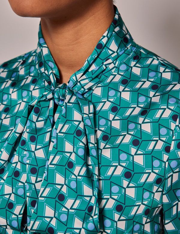 Green & White Geometric Satin Pussybow Blouse