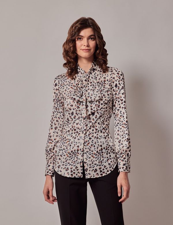 Women's Cream & Black Leopard Satin Pussybow Blouse | Hawes Women's Cream & Black Leopard Satin Pussybow Blouse | Hawes