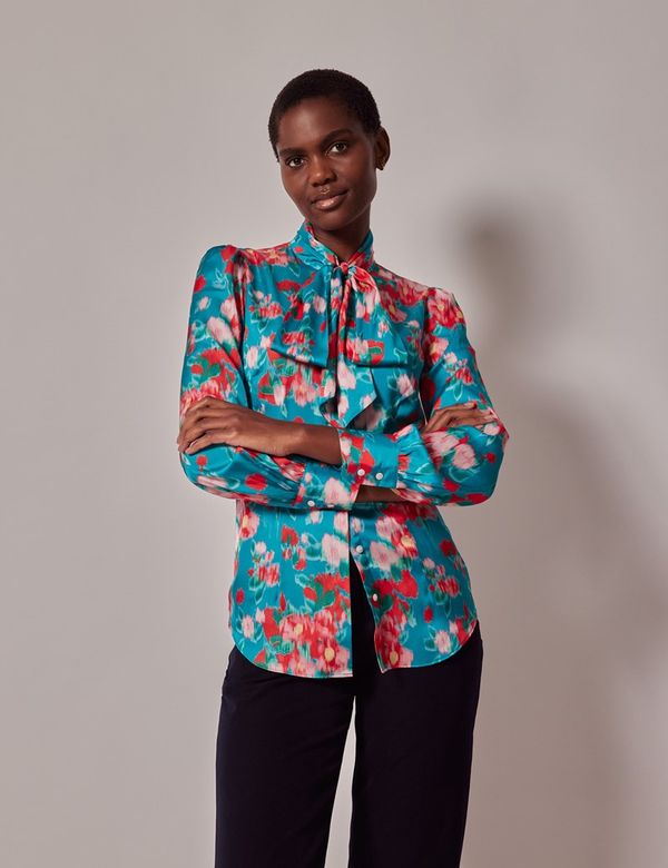 Women's Blue & Red Blurred Floral Satin Pussybow Blouse