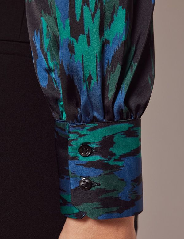 Women's Black & Green Abstract Print Satin Pussybow Blouse Women's Black & Green Abstract Print Satin Pussybow Blouse